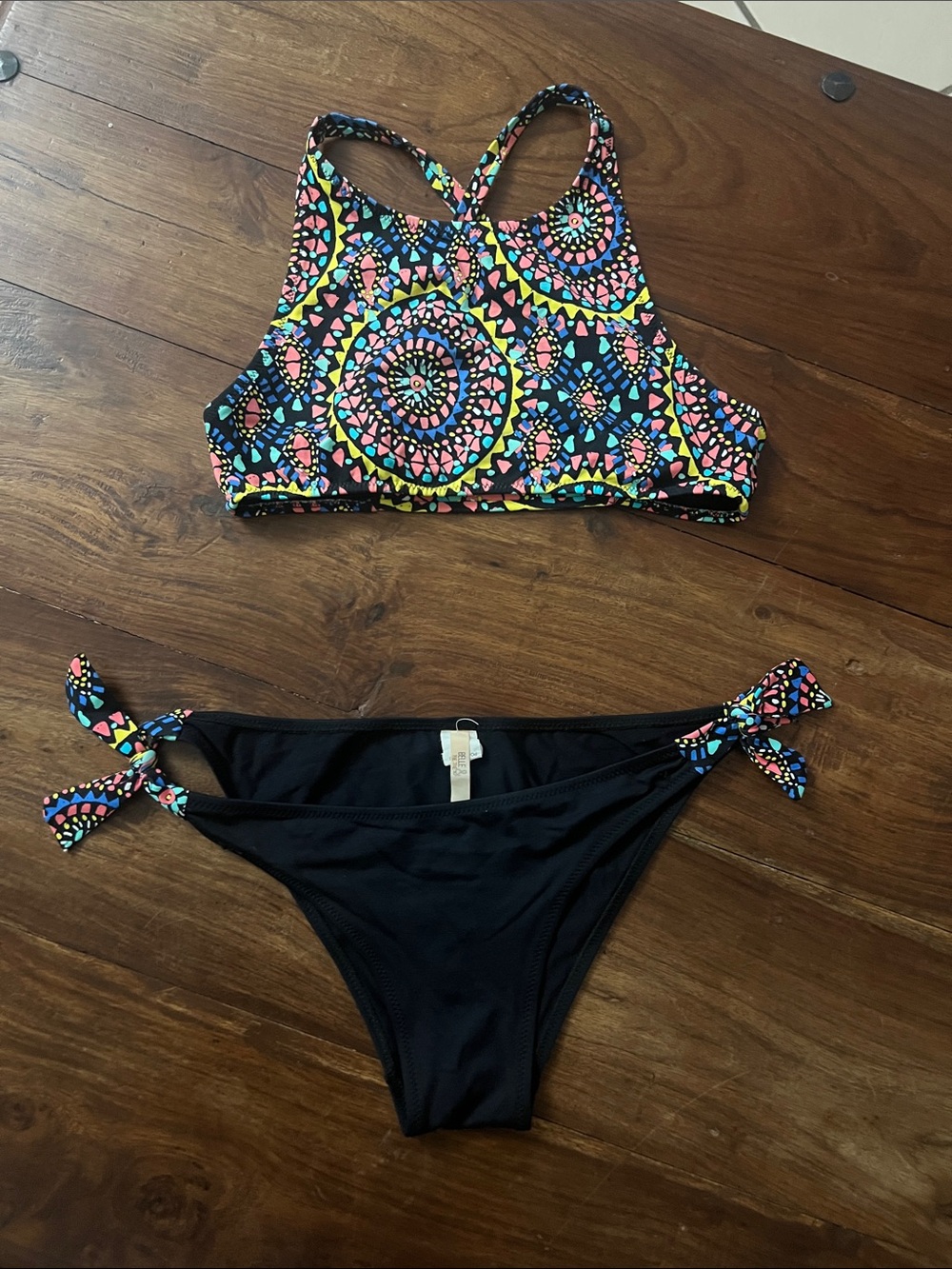 Belle & Rebel Colorful Mandala Print Bikini Top with Black Tie-Side Bottoms